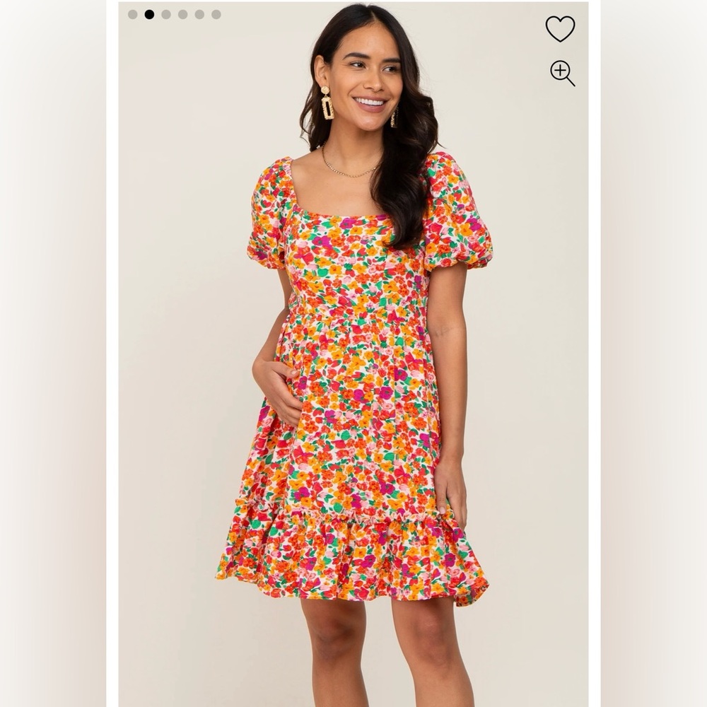 Pink Floral Square Neck Short Puff Sleeve Maternity Dress